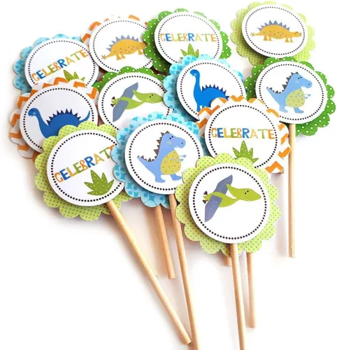 Vista 3 de Juego de 12 adornos de dinosaurios para cupcakes de dinosaurio, suministros de fiesta de cumpleaños para baby shower