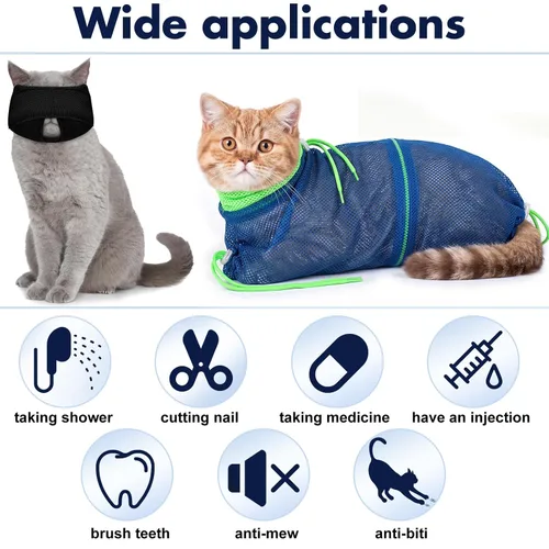 Vista 7 de Bolsa de baño para gatos, kit de aseo para ducha de gato, 10 piezas, negro y azul