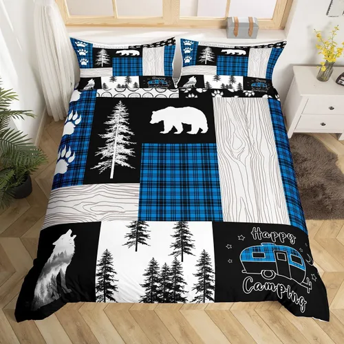 Vista 37 de Funda de edredón de oso de caza, tamaño individual, juego de ropa de cama rústica de animales del bosque para niños y niñas, funda de edredón a Oso