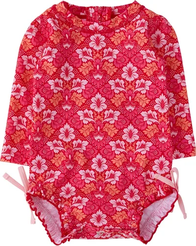Vista 32 de RuffleButts - Traje de baño de una pieza con protección solar UPF 50+, camiseta de protección floral estampado, manga larga, con cierre zipper