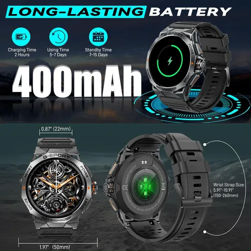 Vista 7 de Reloj inteligente militar para hombre, para responder/hacer llamadas de 1.43 pulgadas, AMOLED siempre encendido, reloj inteligente resistente