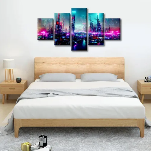Vista 88 de Cuadros de 5 paneles de Cyberpunk City, arte de pared, representación de vallas publicitarias, edificios modernos en la capital con obras de arte
