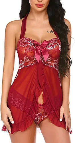 Vista 2 de Babydoll - Lencería para mujer, luna de miel, cuello en V, sexy, exótico, parte delantera abierta, con lazo, con volantes, camisón de novia