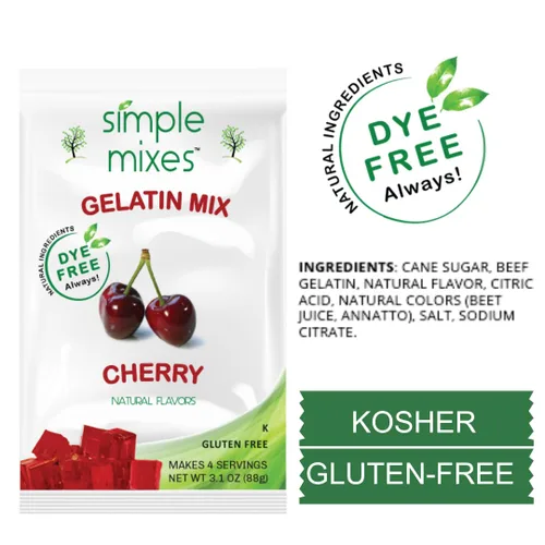Vista 2 de Simple Mixes Postre de gelatina natural, frambuesa, fresa y cereza, aperitivo saludable, sin colorantes, sin gluten ni grasa, Kosher, paquete de 3