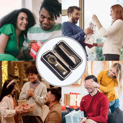 Vista 6 de Fundas de reloj de viaje para hombres, funda de almacenamiento de piel sintética con cremallera, organizador de relojes, 2 muescas de lugar, funda
