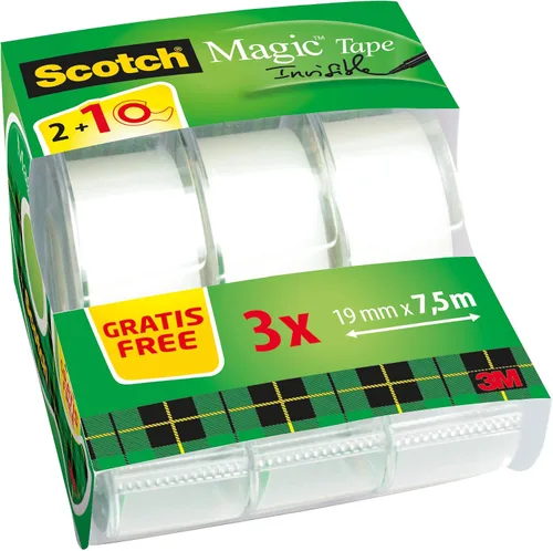 Vista 2 de Scotch Cinta mágica, paquete promocional, 2 rollos en dispensador de mano + 1 cinta adhesiva de uso general para reparación, etiquetado y sellado