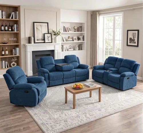 Vista 26 de Juego de sofá reclinable de 2 piezas, sofá reclinable de tela y sofá biplaza para sala de estar, sofá reclinable azul para sala de estar, oficina