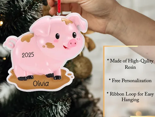 Vista 3 de Adorno de Navidad personalizado de cerdo 2026 Cerdito en el charco, animal de granja de granero, decoración de árbol de Navidad de cerdo y cerdo