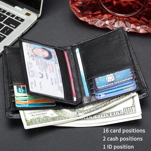 Vista 3 de Billetera plegable de cuero para hombre, Negro -, Bifold 002