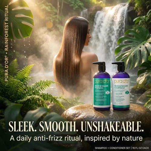 Vista 6 de PURA D'OR Elegante y suave juego de champú y acondicionador para cabello liso sin encrespamiento y sedoso, infundido con aloe vera orgánico, aceite