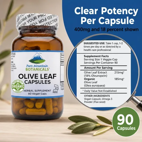 Vista 3 de Pure Mountain Botanicals Cápsulas de extracto de hoja de olivo - 400 mg 18% de oleuropeína