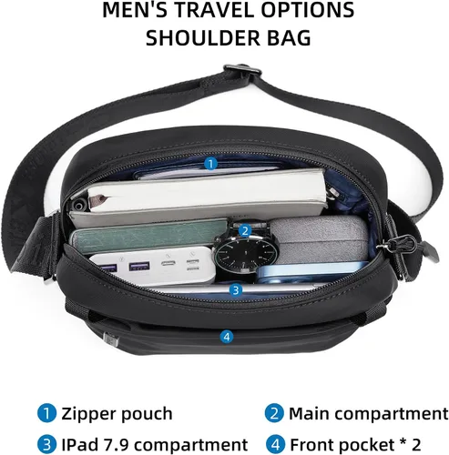Vista 4 de Colins Keirs Bolso bandolera para hombre, bolso bandolera de viaje con cremallera y correa de hombro ajustable. Bolsa de mensajero pequeña