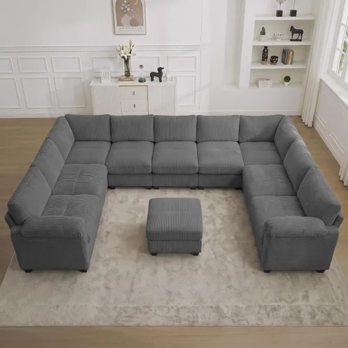 Vista 17 de Sofá modular de 61 pulgadas con otomana, asiento extra profundo para sala de estar, sofá de asiento profundo de pana con almohadas para Beige