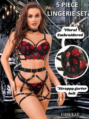 Vista 4 de EHSUYAB Lencería sexy para mujer, 5 piezas, bordado floral, cinturón de liguero