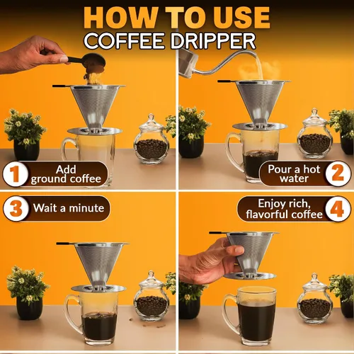 Vista 6 de Cafetera de acero inoxidable con cepillo de limpieza y mango de silicona antideslizante, capacidad para 2 tazas, malla 600 de malla de acero