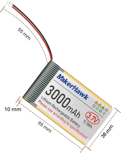 Vista 7 de MakerHawk Batería LiPo de 3.7 V 3000 mAh recargable 1S 103665 Batería de polímero de litio con placa de protección cinta de goma aislada, enchufe