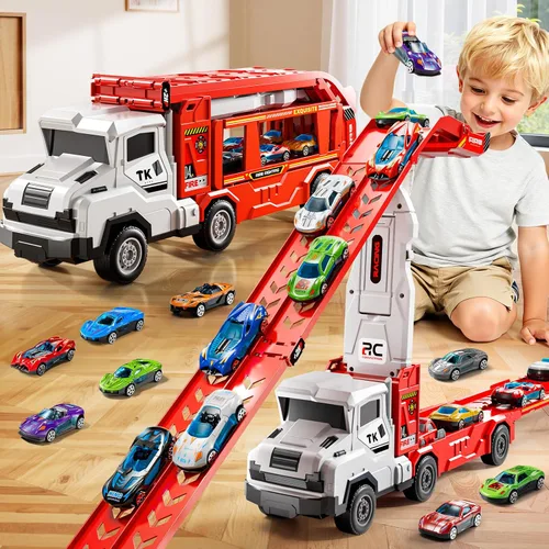 Vista 9 de Juego de camiones y coches para niños de 3, 4, 5, 6, 7, 8 años, juego de camiones transportadores con pista de 12 coches fundidos a presión