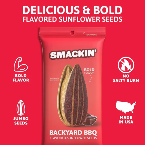 Vista 2 de SMACKIN' Semillas de girasol, tostadas Jumbo de lote pequeño, hechas en Estados Unidos - BBQ de patio trasero. Bolsas de 1.5oz (paquete de 36)