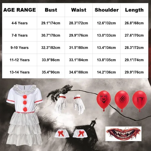 Vista 6 de Disfraz de payaso aterrador para niñas, disfraz de Halloween espeluznante película de terror para cosplay