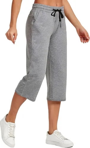 Vista 2 de SPECIALMAGIC Pantalones capri de algodón para mujer, pantalones de pijama de pierna ancha, pantalones capri deportivos