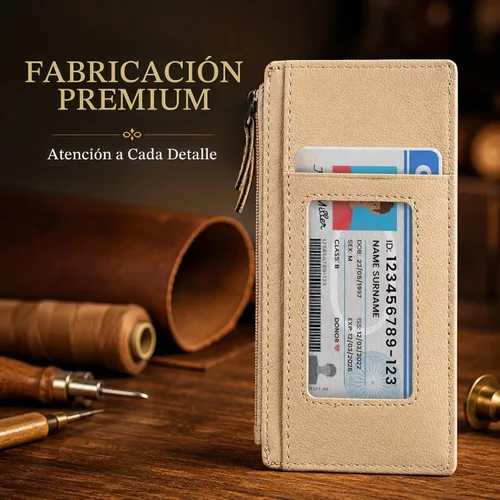 Vista 2 de Leatherboss - Funda para tarjetas todo en uno, cartera delgada con correa de protección para tarjetas, Beige, Cartera con tarjetero