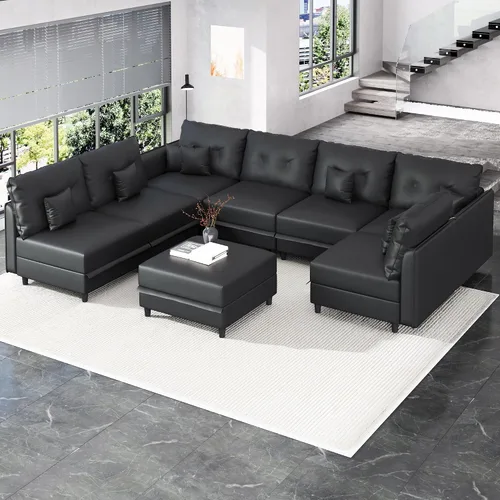 Vista 23 de LLappuil Sofá cama modular en forma de U de 6 plazas con almacenamiento, asiento profundo de piel sintética para sala de estar, impermeable y Negro
