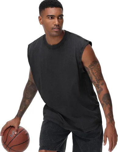 Vista 2 de Camisetas sin mangas de algodón para hombre, corte muscular, gimnasio, correr, playa, ajuste holgado