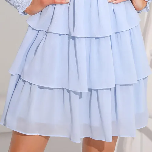 Vista 7 de Byinns Vestido de manga larga con volantes y cuello cuadrado para mujer, estampado floral, con lazo en la espalda, vestido mini con vuelo en capas