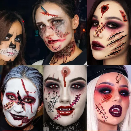 Vista 3 de Billzar - Juego de 138 piezas de tatuajes de cicatrices falsas de Halloween para hombres, adultos, mujeres y niños, kit de maquillaje de zombi, 18