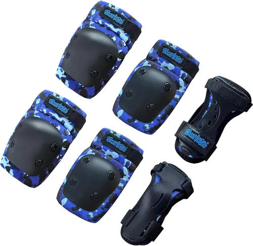 Vista 9 de Rodilleras y coderas con protectores de muñeca Simply Kids, tecnología HardSoft. Juego de equipo de protección certificado CPSIA. Rodilleras