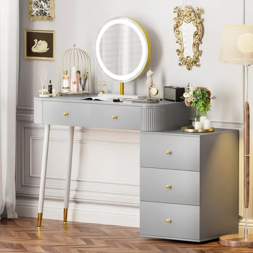 Vista 12 de WinZo Mesa de tocador de 24" con espejo y luces, pequeña mesa de tocador de maquillaje con 1 cajón de almacenamiento, elegante mesa de tocador