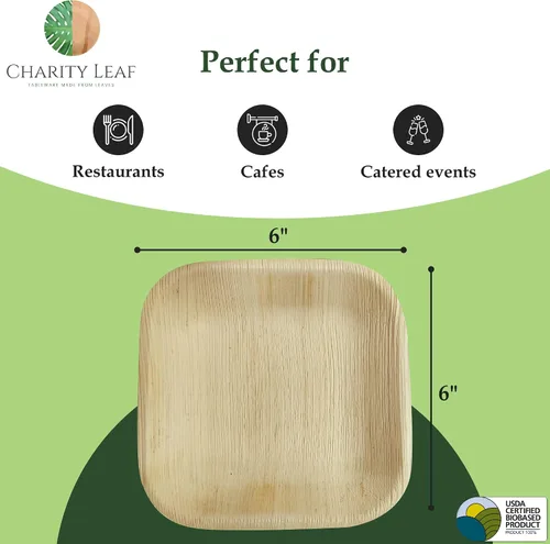 Vista 3 de Platos cuadrados desechables de hoja de palma Charity Leaf de 6" (15 cm) (50 piezas) Platos de servir tipo bambú, tablas desechables, vajilla