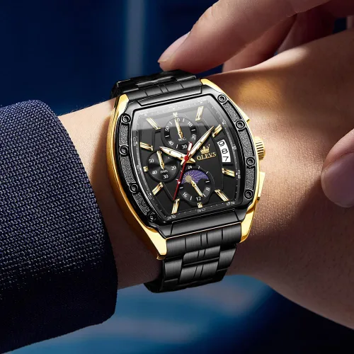 Vista 2 de OLEVS Watch Men Big Square Face Chronograph Stainless Steel Dress Watch Todo negro