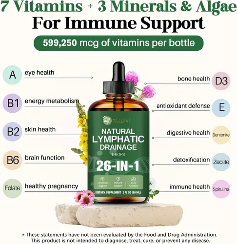 Vista 6 de Migcopat Gotas liposomales de drenaje linfático 26 en 1, con equinácea, cúrcuma, saúco, diente de león, vitaminas y verbascum para pulmones, sistema