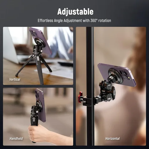 Vista 4 de NEEWER Soporte magnético para teléfono trípode con adaptador de rosca de 1/4" compatible con iPhone MagSafe, palo selfie para 15 Pro Max 15 Plus 14