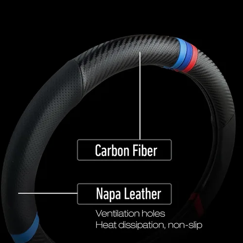 Vista 4 de Funda para volante de fibra de carbono, antideslizante y absorbente de sudor, fundas para volante de 15" para X5 X3, para hombres y mujeres, negra