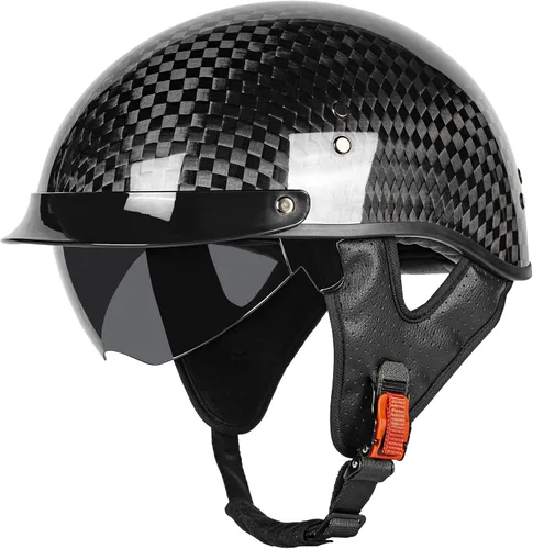 Vista 2 de Medio casco de motocicleta de fibra de carbono para adultos, hombres y mujeres, cascos retro de cara abierta aprobados por DOT con visera, diseño