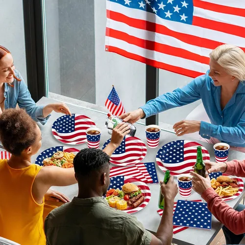Vista 7 de 96 Pcs 4th of July Party Supplies Set, 250th Anniversary American Flag Patriotic Plates Napkins Cups, Disposable Red White Blue Star and Striped