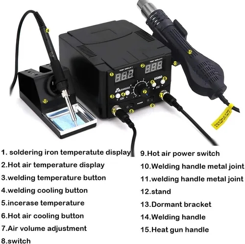 Vista 2 de Estación de soldadura LED digital 2 en 1 de 750 W con pistola de aire caliente para estación de reprocesado, soldador eléctrico para soldadura