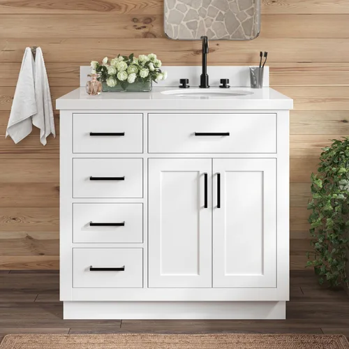 Vista 75 de ARIEL Hepburn - Tocador de baño de 30 pulgadas con fregadero, madera maciza, encimera y protector contra salpicaduras de cuarzo blanco puro de 1.5