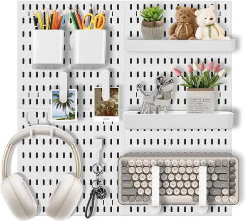 Vista 8 de Set de Organizador de Pared con Tablero de Clavijas – 4 Tableros con Ganchos y Estantes – Organizador de Escritorio para Oficina, Cocina, Sala