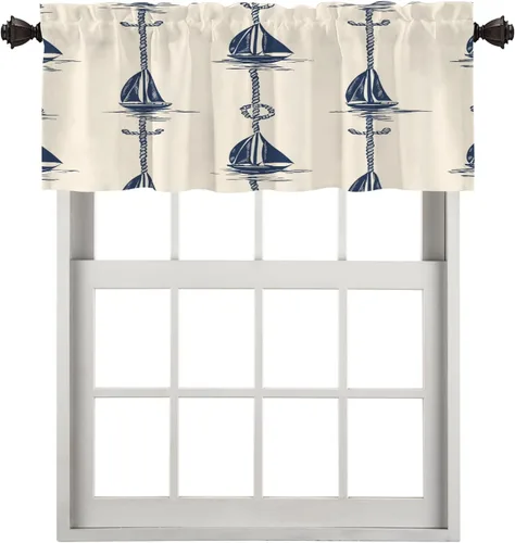 Vista 87 de Maritime Ocean Blackout Tier Curtains, Anchors Nautical Art Half Window Drapes for Kitchen with Rod Pocket,Room Darkening 2 Pack 26X24 Inches