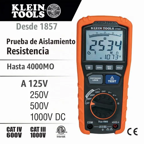 Vista 2 de Klein Tools ET600 Multímetro, Probador de Aislamiento Megohmímetro, Resistencia de 4000 Ohms, 125V/250V/500V/1000V, Multímetro Automático de Rango