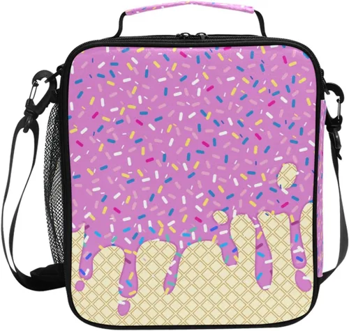 Vista 71 de Lonchera con patrón de cuadros blancos y negros, bolsa de almuerzo aislada, bolsa de preparación para niños, correa de hombro congelable a001