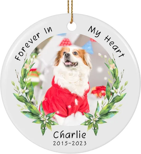 Vista 24 de Paquete de 4 adornos de Navidad personalizados 2025 de cerámica personalizada con foto y texto para decoración de árbol de Navidad, primera Navidad