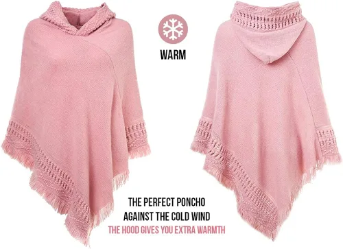 Vista 3 de Capa con capucha Ferand con flequillo en el dobladillo patrones de ganchillo para tejer poncho para mujer