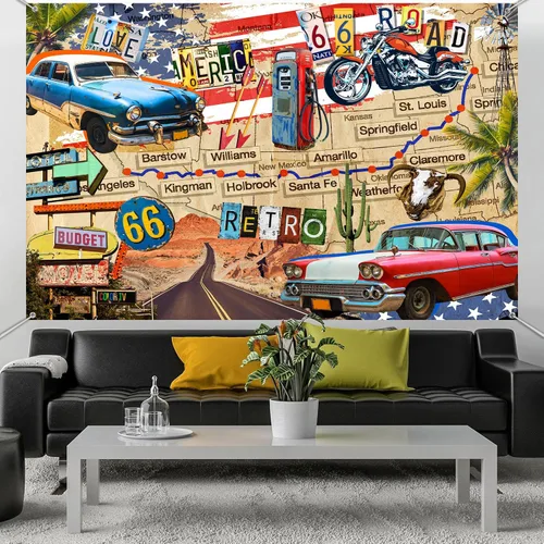 Vista 5 de HANYING Telón de fondo vintage de ruta 66, motocicleta clásica para automóvil, estación de servicio, mapa de ruta, fotografía, fondo retro, fiesta