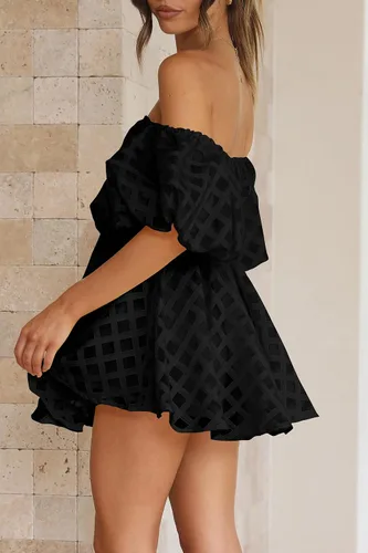 Vista 8 de PRETTYGARDEN Vestido babydoll con hombros descubiertos para mujer, manga corta abombada, casual, acampanado, con volantes, vestidos de verano