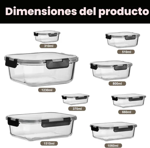 Vista 2 de Paquete de 8 recipientes de vidrio para comida preparada con tapas, juego de almacenamiento de alimentos extra grueso hermético