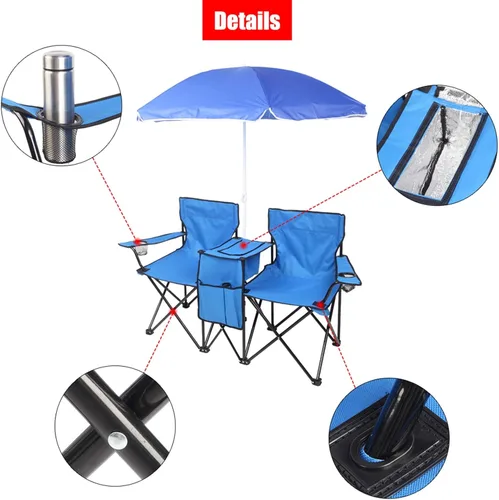 Vista 3 de Silla plegable doble portátil para acampar al aire libre o jardín, sombrilla extraíble de gran tamaño, bolsa enfriadora, silla de playa para adultos